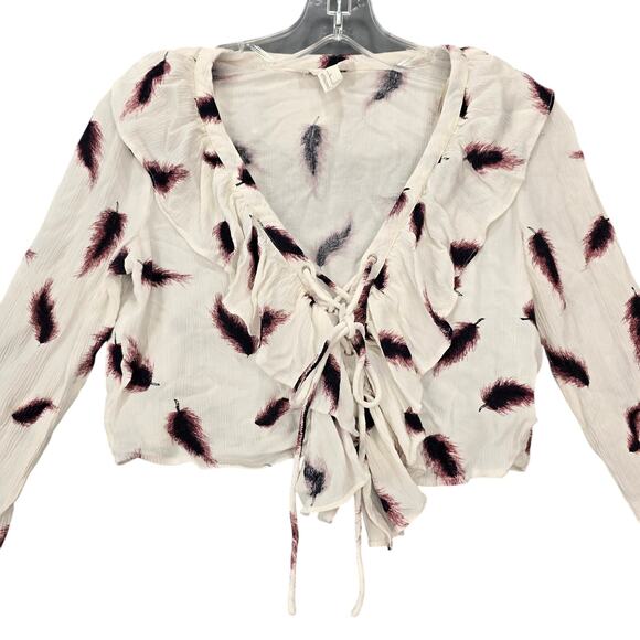 Forever 21 White Crop Top Ruffled V-Neck Long Sleeves Shirt Lightweight Womens S - Picture 1 of 10